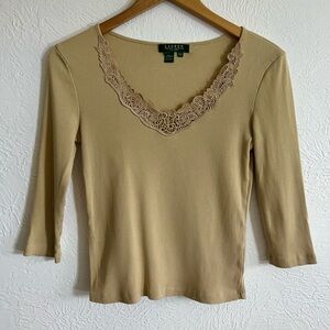 Ralph Lauren 3/4 Sleeve Ribbed Tee Shirt w/ Lace Trim Size Small 90s Vintage